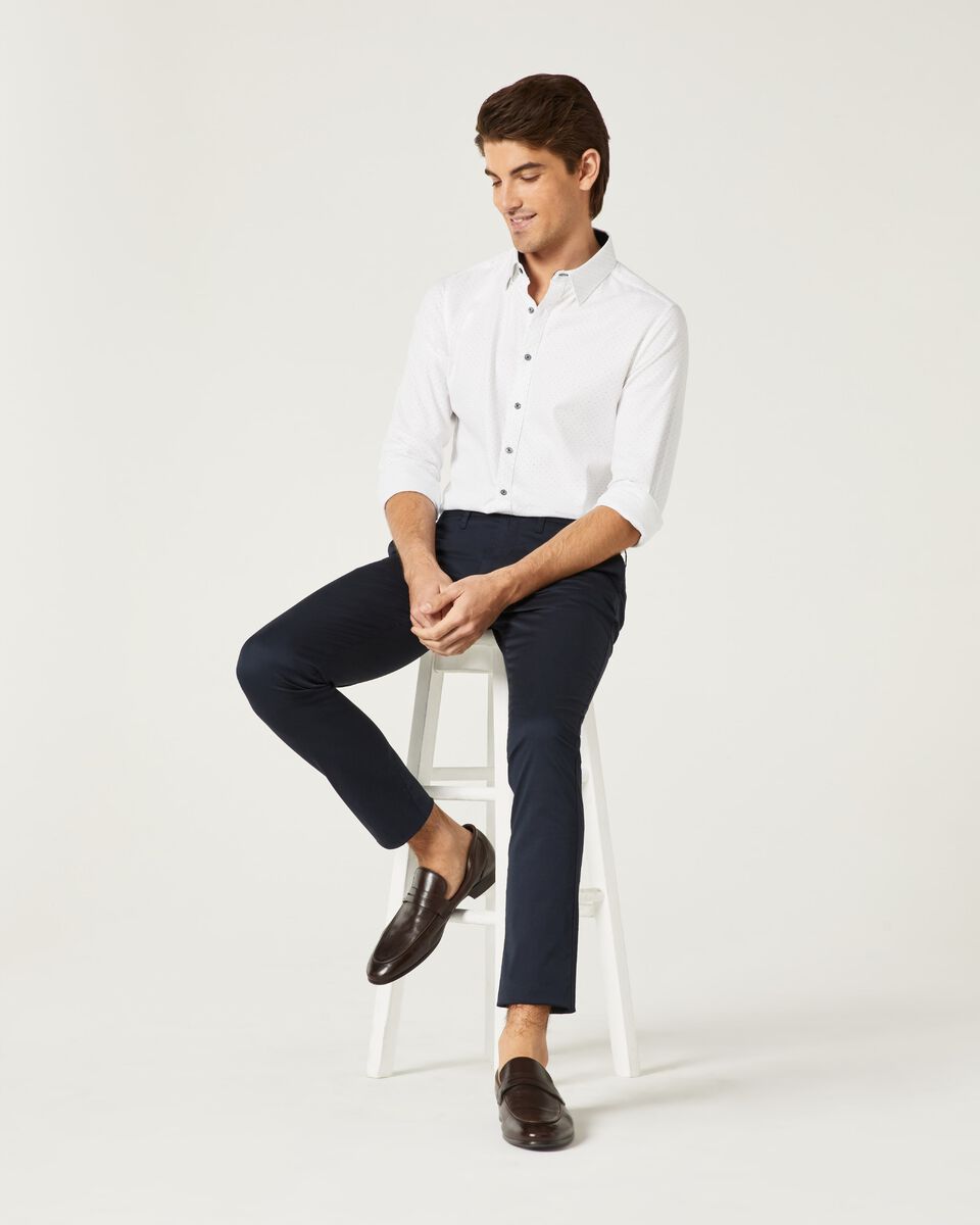 Mens White/Khaki Slim Long Sleeve Polka Dot Shirt